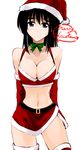  areola_slip areolae black_eyes black_hair blush breasts christmas cleavage cosaten elbow_gloves engrish gloves hat large_breasts long_hair miniskirt neck_ribbon ranguage red_gloves red_legwear ribbon santa_hat school_rumble skirt solo speech_bubble suou_mikoto sweatdrop thighhighs 