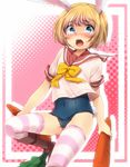  animal_ears armin_arlert blonde_hair blue_eyes blush bunny_ears bunny_tail carrot crossdressing male_focus marimo_danshaku navel no_pants one-piece_swimsuit open_mouth otoko_no_ko school_swimsuit school_uniform serafuku shingeki_no_kyojin short_hair solo swimsuit swimsuit_under_clothes tail tears thighhighs 