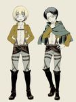  armin_arlert belt black_eyes black_hair blonde_hair blue_eyes boots emblem highres jacket levi_(shingeki_no_kyojin) male_focus multiple_boys namanie paradis_military_uniform shingeki_no_kyojin 