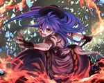  black_gloves blue_hair fingerless_gloves flaming_sword gloves hat hinanawi_tenshi hinomoto_madoka long_hair looking_at_viewer open_mouth outstretched_arms puffy_sleeves red_eyes shirt short_sleeves skirt slashing solo swinging sword_of_hisou touhou very_long_hair 