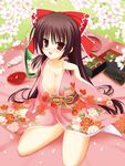  :d :o alcohol blush bow breasts brown_hair cherry_blossoms cleavage daifuku dango floral_print food hair_bow hakurei_reimu kom_(1323736) large_breasts long_sleeves looking_at_viewer lunchbox open_mouth red_eyes sake sitting smile touhou wagashi wariza wide_sleeves 
