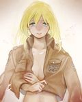  aqua_eyes bad_id bad_pixiv_id blonde_hair christa_renz clothes_grab emblem jacket leather leather_jacket m0chiko no_bra paradis_military_uniform shingeki_no_kyojin solo training_corps_(emblem) 