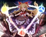  belt blonde_hair bow broken_ground chain cuffs hair_bow highres horn_ribbon horns ibuki_suika koga_rejini long_hair looking_at_viewer night open_mouth outstretched_arms red_eyes ribbon shackles shirt skirt sky sleeveless sleeveless_shirt smile solo star_(sky) starry_sky touhou very_long_hair weights 