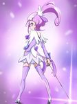  boots choker cure_sword dokidoki!_precure earrings florence_temporary from_behind hand_on_hip highres jewelry kenzaki_makoto looking_back object_namesake precure purple purple_background purple_choker purple_eyes purple_footwear purple_hair purple_skirt skirt solo standing sword thigh_boots thighhighs weapon 