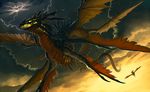  cloudy_sky commentary_request dragon fang fantasy flying griffin highres horns lightning multiple_wings no_humans pixiv_fantasia pixiv_fantasia_new_world sharp_teeth sky teeth wings yellow_eyes yellow_sky yuzu_shio 
