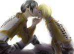  backlighting black_hair blonde_hair cheek_kiss christa_renz closed_eyes couple demmy0704 emblem freckles hand_on_another's_face jacket kiss long_sleeves multiple_girls paradis_military_uniform ponytail shingeki_no_kyojin short_hair sitting survey_corps_(emblem) touching white_background ymir_(shingeki_no_kyojin) yuri 