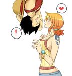  bare_shoulders black_hair blush breasts chiroru_shimai eyes_closed hat heart large_breasts monkey_d_luffy nami nami_(one_piece) one_piece orange_hair short_hair simple_background straw_hat tattoo 