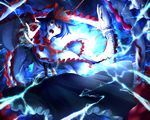  blue_hair dress electricity hat highres looking_at_viewer nagae_iku red_eyes shawl short_hair skeleton solo touhou yugeoryouki 