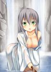  breasts bucket green_eyes highres hoshizuki_(seigetsu) large_breasts nipples original robe silver_hair solo water waterfall wet wet_clothes 