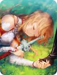  1boy 1girl akashirokai asuna_(sao) banned_artist bare_shoulders bridal_gauntlets brown_hair couple eyes_closed grass hand_holding happy light_rays long_hair lying nature on_ground outdoors sleeping smile sunbeam sunlight sword sword_art_online weapon 