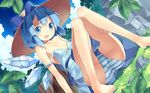  :d barefoot blue_dress blue_eyes blue_hair blue_sky cirno cloud day dress grass hat hat_ribbon highres ice ice_wings knees_together_feet_apart looking_at_viewer mikan_(bananoha) open_mouth panties ribbon sitting sky sleeveless sleeveless_dress smile solo stone strap_slip straw_hat striped striped_panties touhou trefoil underwear upskirt wings 