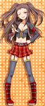  ;p belt breasts brown_hair clearite cleavage garter_straps hand_on_hip idolmaster idolmaster_cinderella_girls jacket koseki_reina long_hair medium_breasts one_eye_closed red_eyes smile solo thighhighs tongue tongue_out twintails two_side_up 