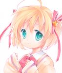  bad_id bad_pixiv_id blonde_hair blue_eyes bow chibitan green_eyes kamikita_komari little_busters! pink_bow ribbon school_uniform short_hair solo 