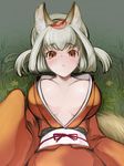  animal_ears breasts cleavage fox_ears fox_tail hair_up highres japanese_clothes kimono kongiku large_breasts leaf leaf_on_head looking_at_viewer lying oboro_muramasa on_back orange_eyes silver_hair solo tail you_naka 