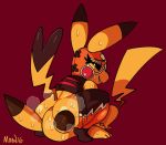  big_butt butt cleft_tail clothed clothing cosplay_pikachu duo facesitting female lilmoonie mammal mouse nintendo pichu pikachu pikachu_libre pok&eacute;mon pok&eacute;mon_(species) red_background rodent simple_background sweat video_games 