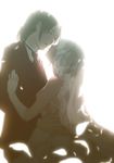  anime_coloring appendix backlighting bad_id bad_pixiv_id bare_shoulders christa_renz closed_eyes couple elbow_gloves formal freckles gloves glowing hair_down holding imminent_kiss lace multiple_girls necktie petals shingeki_no_kyojin short_hair suit sunlight touching veil wedding white_background wife_and_wife ymir_(shingeki_no_kyojin) yuri 