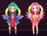  1girl :&gt; belial_(mygrimoire) facial_mark forehead_mark full_body green_hair japanese_clothes kimono kyousaku lucifer_(mygrimoire) mygrimoire obi pink_eyes pink_hair pointy_ears red_eyes sash short_hair shorts smile wings 