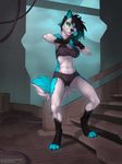  anthro blue_fur breasts canine ear_piercing female fur green_pawpads hair heterochromia mammal midriff muscles muscular_female outside piercing shira_wild solo stairs teal_fur two_tone_hair white_fur wolf wolfy-nail 
