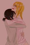  bare_shoulders biting black_hair blonde_hair christa_renz closed_eyes couple freckles holding hug katakura_yuuki multiple_girls open_mouth pink_background profile shingeki_no_kyojin simple_background tears undressing wavy_mouth ymir_(shingeki_no_kyojin) yuri 