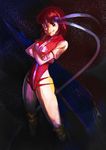  blue_headband brown_eyes brown_hair crossed_arms gunbuster_pose headband leotard red_leotard short_hair simonori smile solo takaya_noriko top_wo_nerae! 