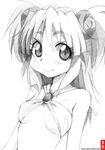  bare_shoulders bikini_top breasts gofu greyscale hii-chan long_hair looking_at_viewer medium_breasts mermaid monochrome monster_girl namiuchigiwa_no_muromi-san smile solo spot_color traditional_media twintails two_side_up underboob upper_body 