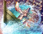  arrow bad_id bad_pixiv_id boat grey_eyes hat hat_ribbon long_sleeves looking_at_viewer mononobe_no_futo om_(carbohydratism) open_mouth outstretched_arms ponytail puffy_sleeves ribbon shirt silver_hair skirt smile solo surfing touhou water watercraft wide_sleeves 