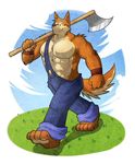  anthro biceps big_muscles bigger_version_at_the_source brown_fur brown_nose canine chest_tuft clothed clothing dungarees fur grass grin male mammal muscles paws pecs plain_background smile solo tan_fur topless tuft unknown_artist walking wolf wristband wuffle 