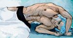  1boy abs arrancar artist_name bleach blue_hair espada grimmjow_jaegerjaquez liger-inuzuka lying male male_focus navel on_side shirtless skull smile solo watermark 