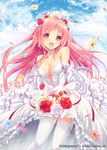  :d akkijin bare_shoulders bouquet breasts bridal_veil center_opening choker cleavage detached_sleeves dress flora_(shinkai_no_valkyrie) flower garter_straps hair_flower hair_ornament jewelry long_hair medium_breasts necklace official_art open_mouth petals pink_eyes shinkai_no_valkyrie smile solo strapless strapless_dress thighhighs veil wedding_dress white_legwear 