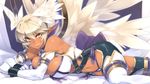  23_(real_xxiii) belt blonde_hair breasts brown_eyes cleavage dark_skin elbow_gloves gloves head_wings highres hips large_breasts lilith_(shinrabanshou) lips lying navel on_side pointy_ears shinrabanshou short_hair smirk solo wings 