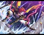  angry boots fighting_stance full_body knee_boots kyousaku male_focus mygrimoire pants red_hair shirtless solo squatting sword waka-sama_(mygrimoire) weapon wings yellow_eyes 