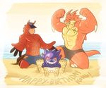  beach biceps bigger_version_at_the_source birthday brown_fur clothing english_text equine flexing fur group horse invalid_color male mammal muscles paws pecs piti_yindee plain_background pose sand scales scalie sea seaside shorts speedo swimsuit tattoo text topless water 