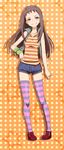  brown_hair clearite grin hand_on_hip idolmaster idolmaster_cinderella_girls koseki_reina long_hair purple_eyes purple_legwear shorts smile solo striped striped_legwear thighhighs vest 