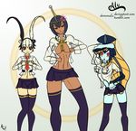  3girls animal animal_on_head bird bird_on_head black_hair blue_skin breasts cleavage cross dark_skin eliza_(skullgirls) eyeshadow feng_(skullgirls) filia_(skullgirls) filia_(skullgirls)_(cosplay) fish_girl halter_top halterneck lowres makeup minette_(skullgirls) monster_girl multicolored_hair multiple_girls open_clothes open_shirt purple_eyes scales school_uniform shell shirt short_hair skirt skullgirls two-tone_hair white_hair 