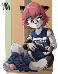  anthro cub feline gym_shorts heterochromia kaminosaki male mammal nike pants_around_ankles pawpads sitting solo_focus spats sweat young 