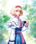  alice_margatroid ascot blonde_hair blue_eyes book capelet hairband highres holding holding_book lips long_sleeves looking_at_viewer matsuda_(matsukichi) short_hair solo touhou 
