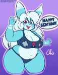  2016 5_fingers anthro belly big_breasts breasts cleavage clothed clothing crop_top digital_media_(artwork) english_text female front_view hair lagomorph long_hair looking_at_viewer mammal midriff navel nekocrispy open_mouth open_smile panties pixels_bunni rabbit red_eyes shirt slightly_chubby smile solo speech_bubble tank_top text thick_thighs underwear url voluptuous waving white_hair wide_hips 