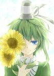  absurdres close-up covering covering_one_eye flower green_eyes green_hair hat highres red_eyes short_hair smile soga_no_tojiko solo sunflower tate_eboshi touhou yekong 