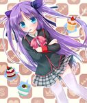  asahina_yori blue_eyes bow cake crossed_arms dessert food little_busters! long_hair mouth_hold pink_bow purple_hair sasasegawa_sasami school_uniform spoon thighhighs twintails two_side_up 