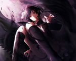  black_hair black_wings boots camera feathers hat highres looking_at_viewer pointy_ears pom_pom_(clothes) red_eyes shameimaru_aya short_hair solo tokin_hat touhou wings yugeoryouki 