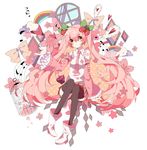  birdcage boots bow cage cherry detached_sleeves food fruit hatsune_miku heart long_hair musical_note necktie pink_hair rainbow sakura_miku skirt smile solo thighhighs twintails very_long_hair vocaloid white_background window yellow_eyes 