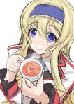  blonde_hair blue_eyes cecilia_alcott cup heart infinite_stratos long_hair looking_at_viewer miyamoto_issa smile solo 