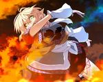  arm_up arm_warmers blonde_hair blush breasts fire flame glowing glowing_eyes green_eyes kanameya light_trail looking_at_viewer medium_breasts mizuhashi_parsee outstretched_arm pointy_ears sash scarf shirt short_hair short_sleeves skirt solo touhou vest 