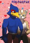  anthro avian beak belt biceps bird black_nose blue_body blue_eyes brown_fur canine chest_tuft clothing couple cute duo falco_lombardi feathers fox fox_mccloud fur gay green_eyes grin hand_holding interspecies kiki-uma love male mammal muscles nintendo pants pecs pose romantic smile standing star_fox tan_fur topless tuft video_games white_fur 