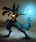  aura aura_sphere clenched_hand closed_mouth energy fighting_stance full_body gen_4_pokemon glowing gradient gradient_background highres lucario no_humans outstretched_arm pokemon pokemon_(creature) red_eyes signature spikes standing thiago_almeida 