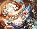  armillary_sphere blue_hair bow chain food fruit hat hinanawi_tenshi long_hair matsutani peach red_eyes solo sphere sword touhou weapon 