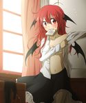  bat_wings black_legwear blush bread breasts cabinet collarbone curtains dress_shirt dressing flying_sweatdrops food food_in_mouth frills head_wings highres koakuma long_hair long_sleeves medium_breasts messy_hair mouth_hold navel no_bra nobamo_pieruda outstretched_arm pantyhose pantyhose_removed red_eyes red_hair shirt skirt solo sweatdrop toast toast_in_mouth touhou white_shirt window wings 