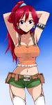  armlet armpits arms_behind_head bellows_(suisei_no_gargantia) belt blue_legwear breasts cosaten garter_straps highres large_breasts midriff navel ponytail red_hair short_shorts shorts solo suisei_no_gargantia suspenders tank_top thighhighs tool_belt white_legwear 