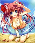  :d absurdres animal_ears arm_support bad_id bad_yandere_id bare_shoulders barefoot bikini blue_eyes blue_sky blush bracelet breasts cat_ears cleavage covered_nipples crab day dengeki_moeou feet fisheye flower frilled_bikini frills front-tie_top hair_flower hair_ornament hairclip hibiscus highres innertube jewelry kneeling large_breasts long_hair looking_at_viewer open_mouth original pink_hair plaid salute sky smile solo strap_gap swimsuit toes tomose_shunsaku twintails 