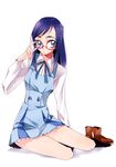  adjusting_eyewear blue_eyes blue_hair dokidoki!_precure glasses hishikawa_rikka long_hair precure shoes_removed simple_background sitting solo tima white_background 